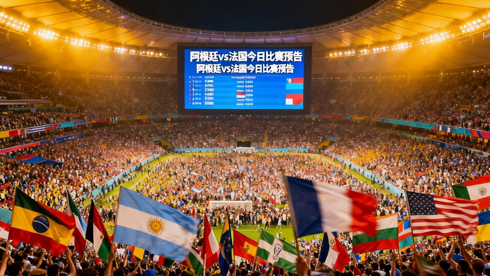 2026世界杯赛场全景，数万名球迷在体育场挥舞旗帜，巨型屏幕显示阿根廷与法国今日比赛预告